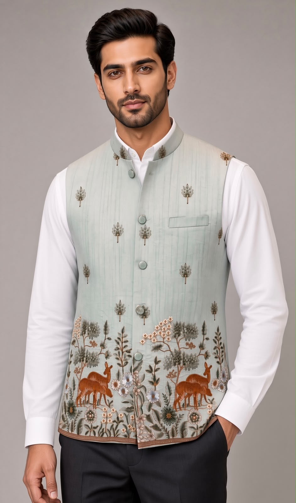 Sabhyashree Men Mint Green Silk Nehru Jacket with Kalamkari Deer & Floral Motif Detailing SS-BD-1017