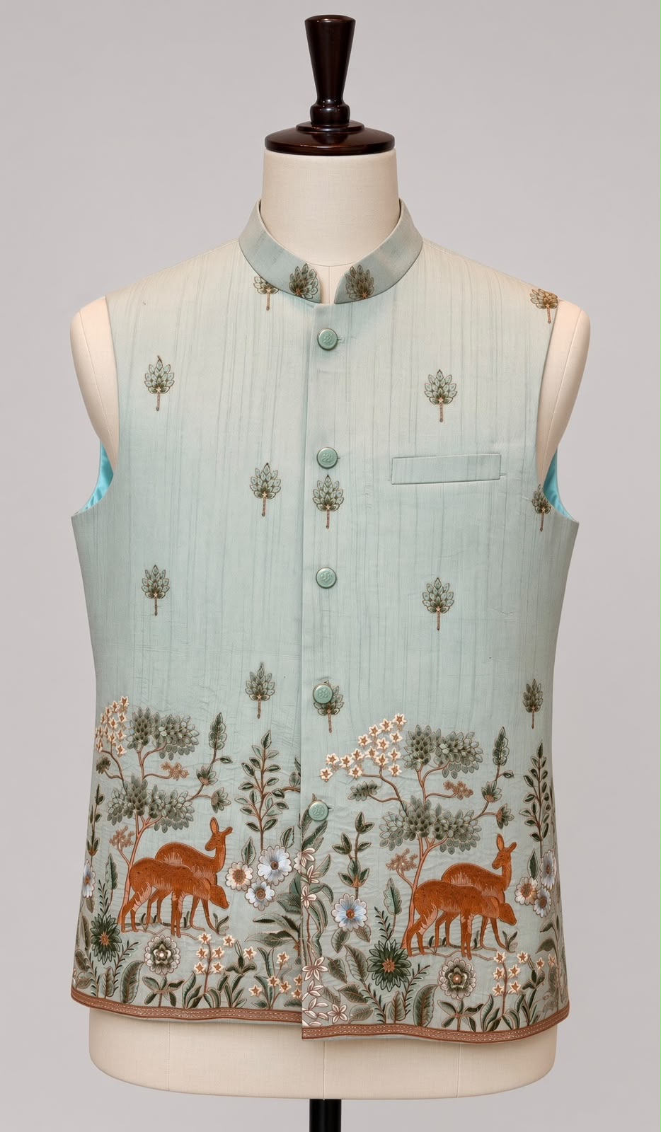 Sabhyashree Men Mint Green Silk Nehru Jacket with Kalamkari Deer & Floral Motif Detailing SS-BD-1017