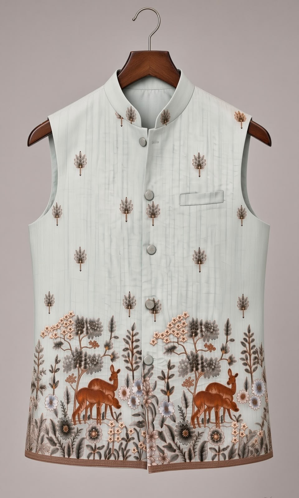 Sabhyashree Men Mint Green Silk Nehru Jacket with Kalamkari Deer & Floral Motif Detailing SS-BD-1017