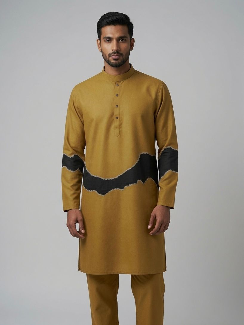 Sabhyashree Men Mustard Cotton Straight Kurta with Black Abstract Color-Block Panel SS-AK-2012