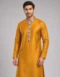 Sabhyashree Men Mustard Yellow Embroidered Mandarin Collar Cotton Blend Straight Kurta SS-AK-2003