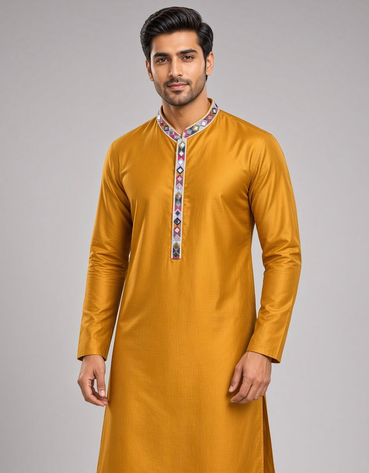 Sabhyashree Men Mustard Yellow Embroidered Mandarin Collar Cotton Blend Straight Kurta SS-AK-2003