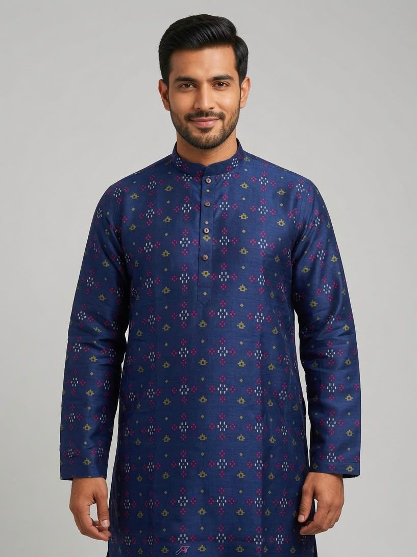Sabhyashree Men Navy Blue Cotton Straight Kurta with Geometric Booti Print SS-AK-2017