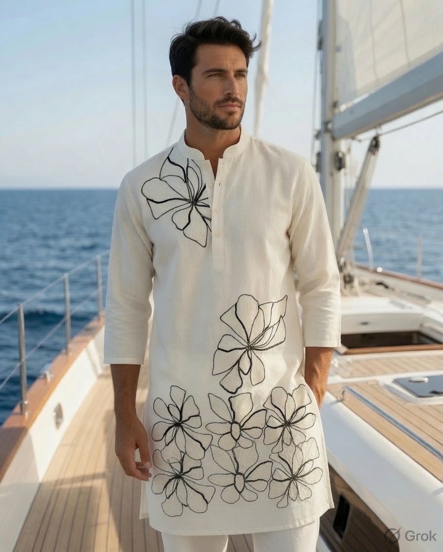 Sabhyashree Men Off-White Cotton Kurta with Black Outline Floral Embroidery SS-AK-2021