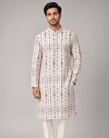 Sabhyashree Men Off-White Cotton Geometric Printed and Embroidered Mandarin Collar Straight Kurta SS-AK-2004