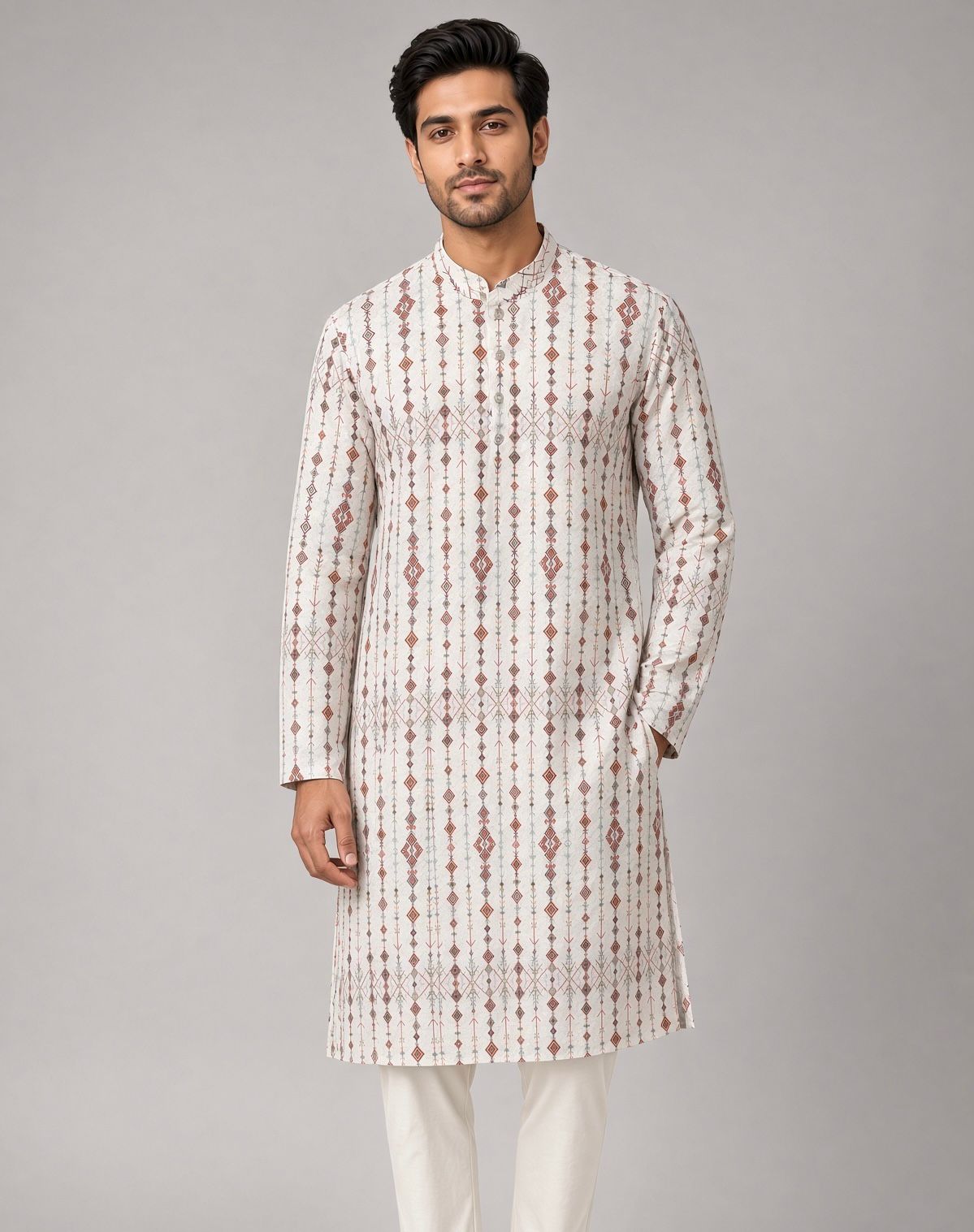 Sabhyashree Men Off-White Cotton Geometric Printed and Embroidered Mandarin Collar Straight Kurta SS-AK-2004