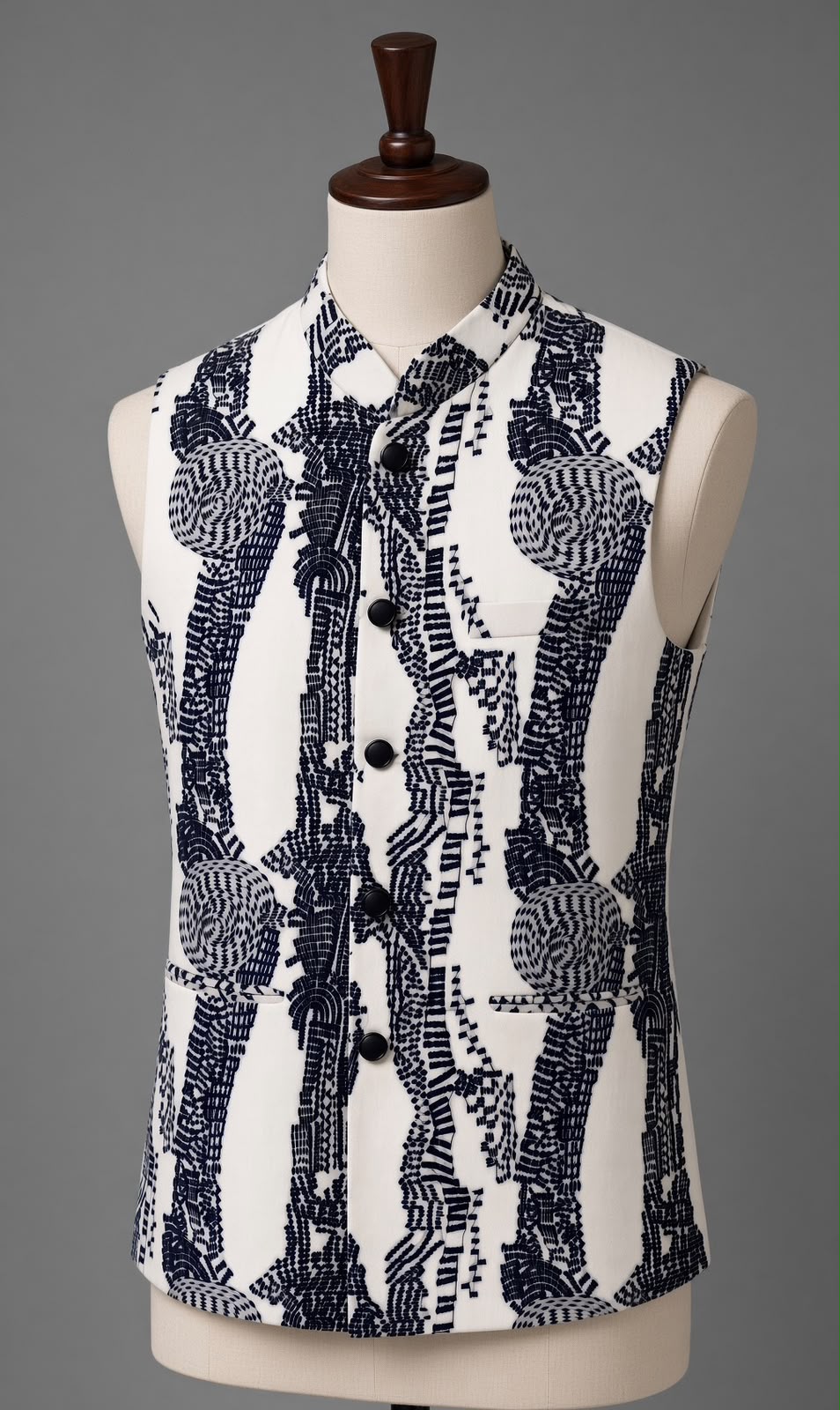 Sabhyashree Men Off-White & Black Silk Nehru Jacket with Abstract Embroidered Pattern SS-BD-1002