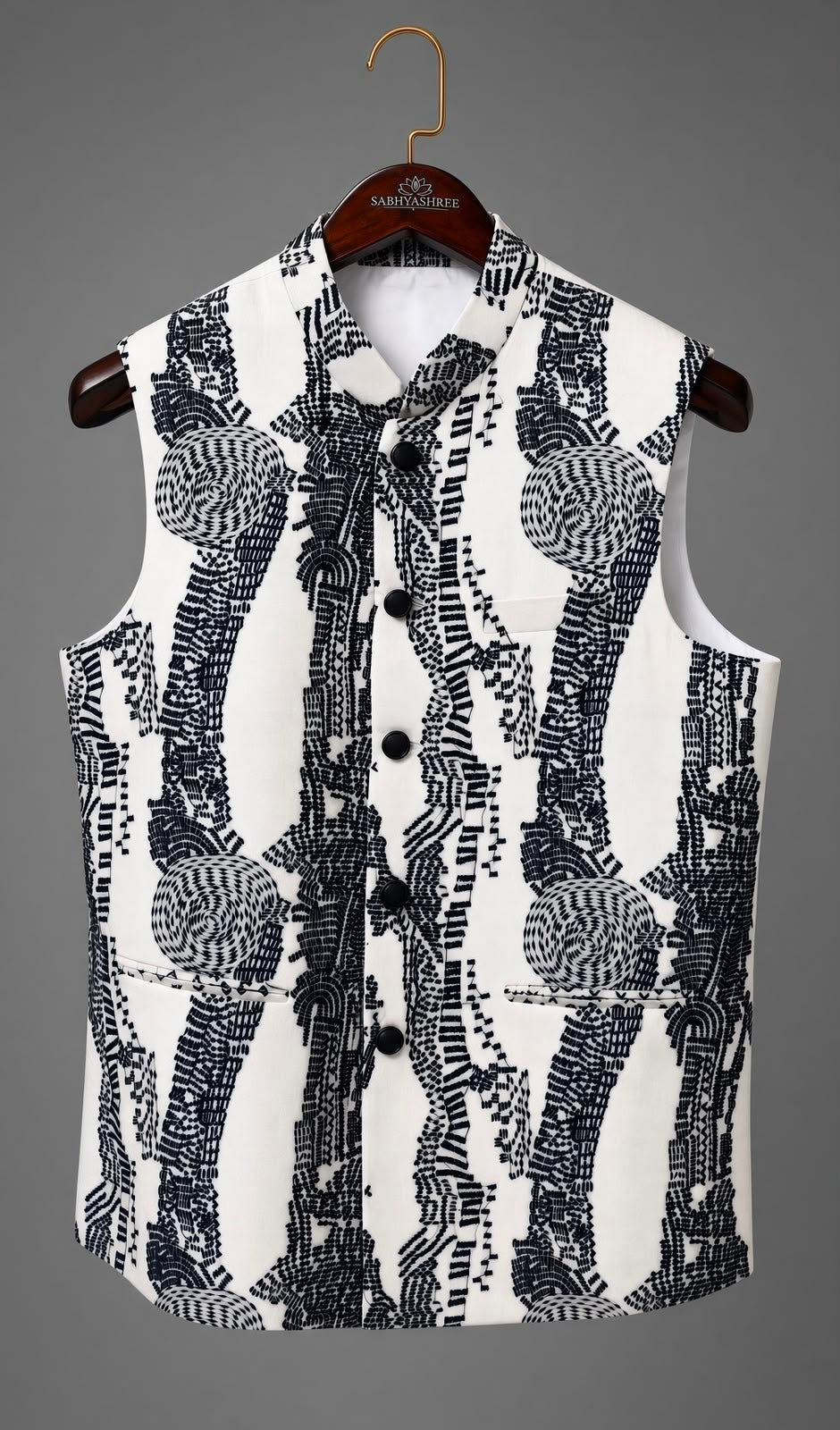 Sabhyashree Men Off-White & Black Silk Nehru Jacket with Abstract Embroidered Pattern SS-BD-1002