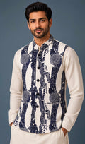 Sabhyashree Men Off-White & Black Silk Nehru Jacket with Abstract Embroidered Pattern SS-BD-1002