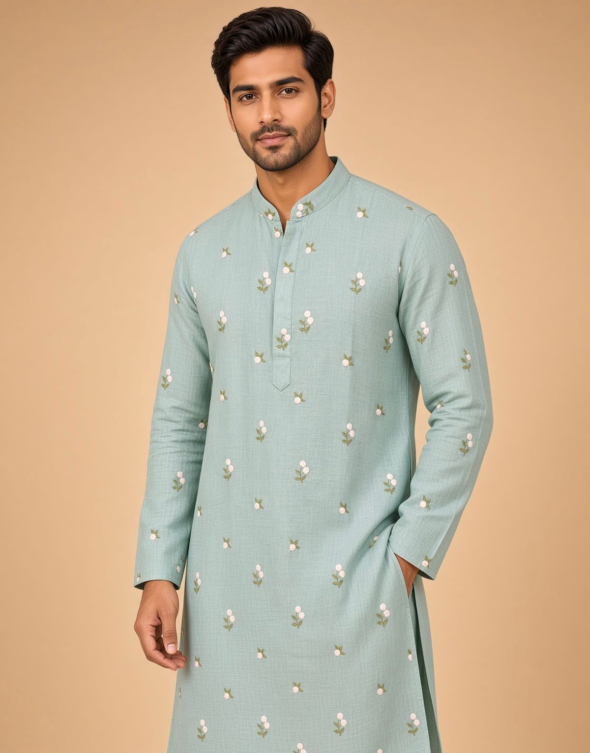 Sabhyashree Men Pastel Sea Green Linen Kurta with Embroidered Floral Motifs SS-AK-2009