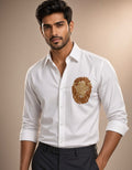 Sabhyashree Men Pristine White Cotton Shirt with Gold Lion Head Hand Embroidery SS-AS-1025