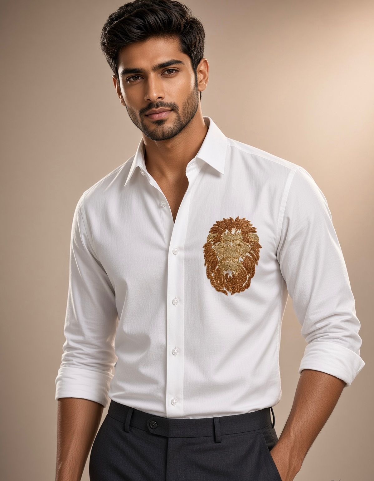 Sabhyashree Men Pristine White Cotton Shirt with Gold Lion Head Hand Embroidery SS-AS-1025