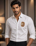 Sabhyashree Men Pristine White Cotton Shirt with Gold Side-Profile Lion Embroidery SS-AS-1026