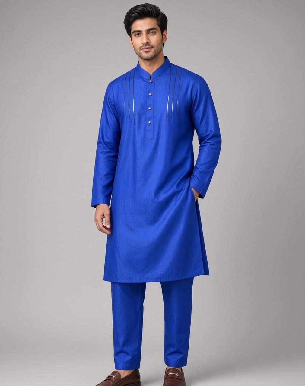 Sabhyashree Men Royal Blue Cotton Straight Kurta with Strip Chest Detailing SS-AK-2020