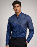Sabhyashree Men Royal Navy Blue Asymmetric Color Block Cotton Shirt with Geometric Jacquard Panel SS-AS-1021