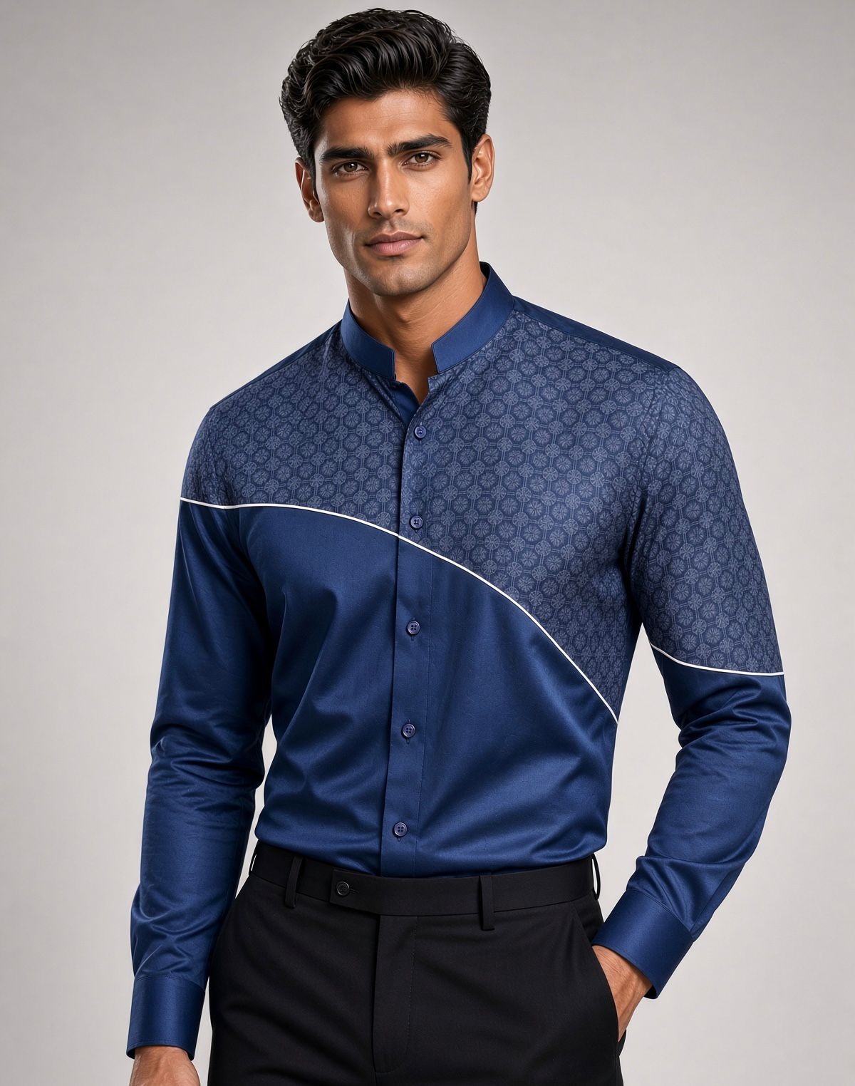 Sabhyashree Men Royal Navy Blue Asymmetric Color Block Cotton Shirt with Geometric Jacquard Panel SS-AS-1021