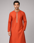 Sabhyashree Men Rust Orange Embroidered Mandarin Collar Cotton Blend Straight Kurta SS-AK-2001