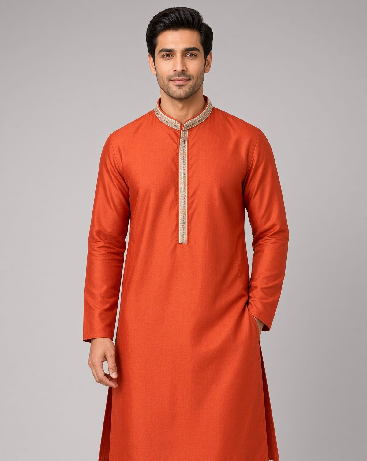 Sabhyashree Men Rust Orange Embroidered Mandarin Collar Cotton Blend Straight Kurta SS-AK-2001