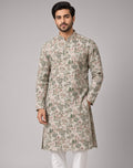 Sabhyashree Men Sage Green Kalamkari Embroidered Botanical Printed Mandarin Collar Cotton Straight Kurta SS-AK-2006