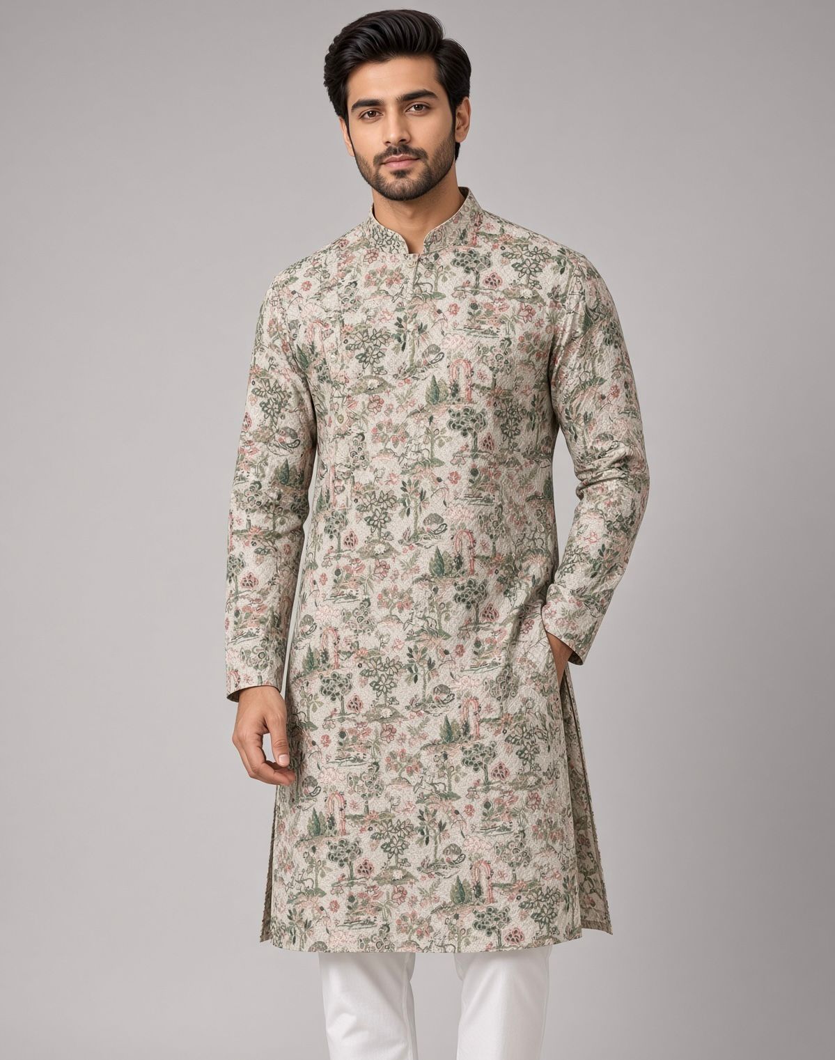 Sabhyashree Men Sage Green Kalamkari Embroidered Botanical Printed Mandarin Collar Cotton Straight Kurta SS-AK-2006