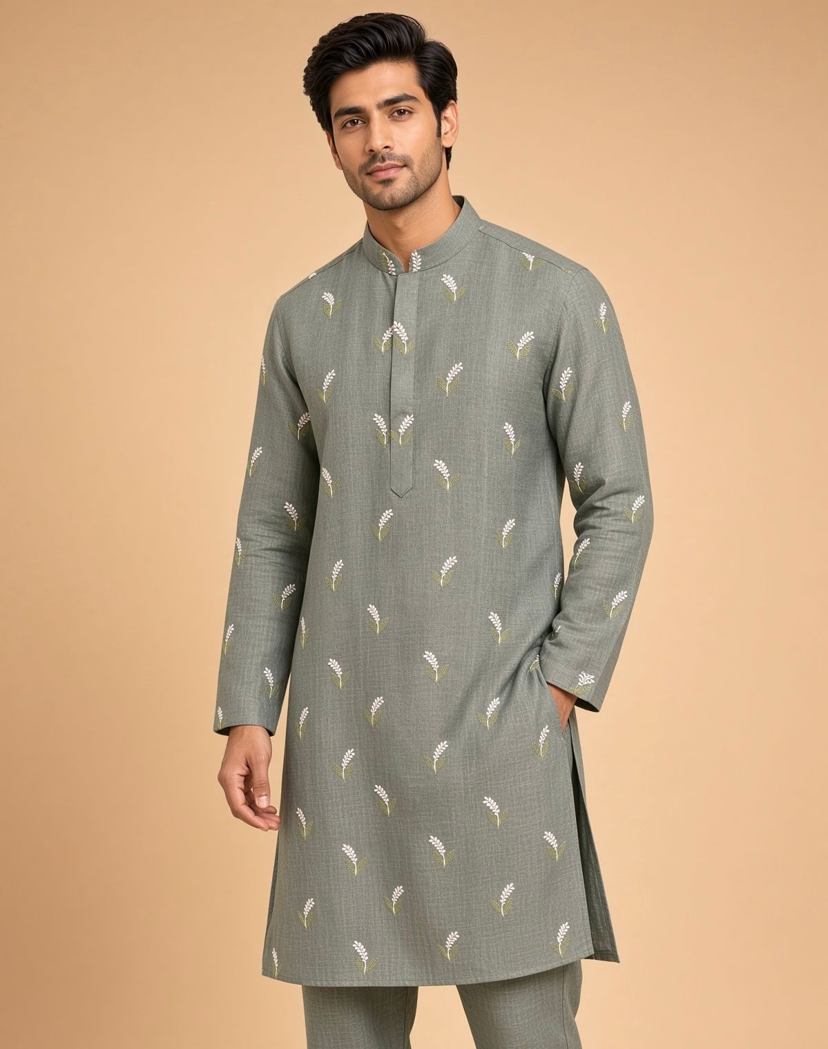 Sabhyashree Men Sage Green Linen Kurta with Embroidered Botanical Leaf Motifs SS-AK-2008