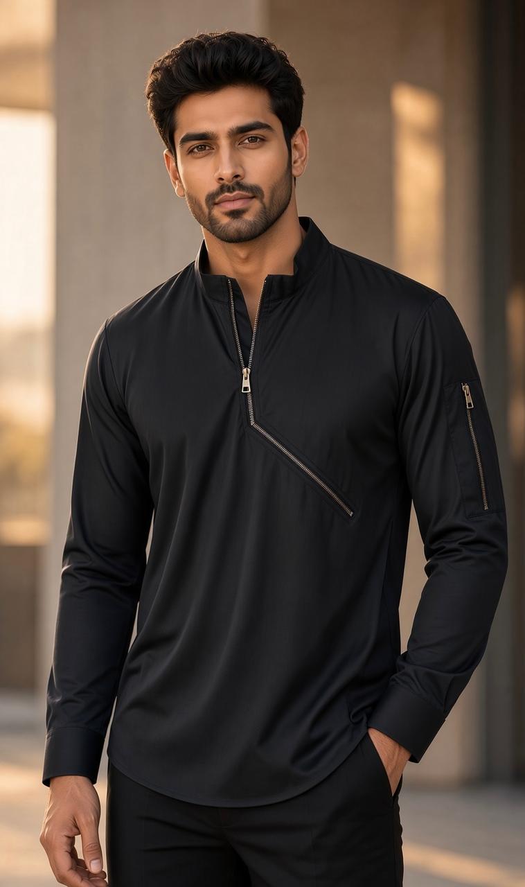 Sabhyashree Men's Black Cotton Asymmetrical Zip Pullover Shirt
