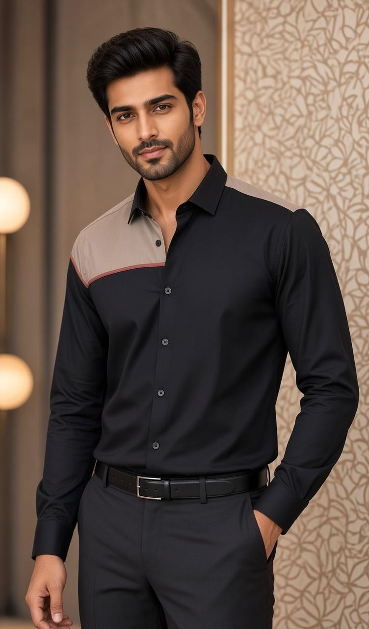 Sabhyashree Men's Black Cotton Shirt with Asymmetric Beige Shoulder Panel