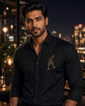 Sabhyashree Men's Black Cotton Shirt with Champagne Toast Embroidery