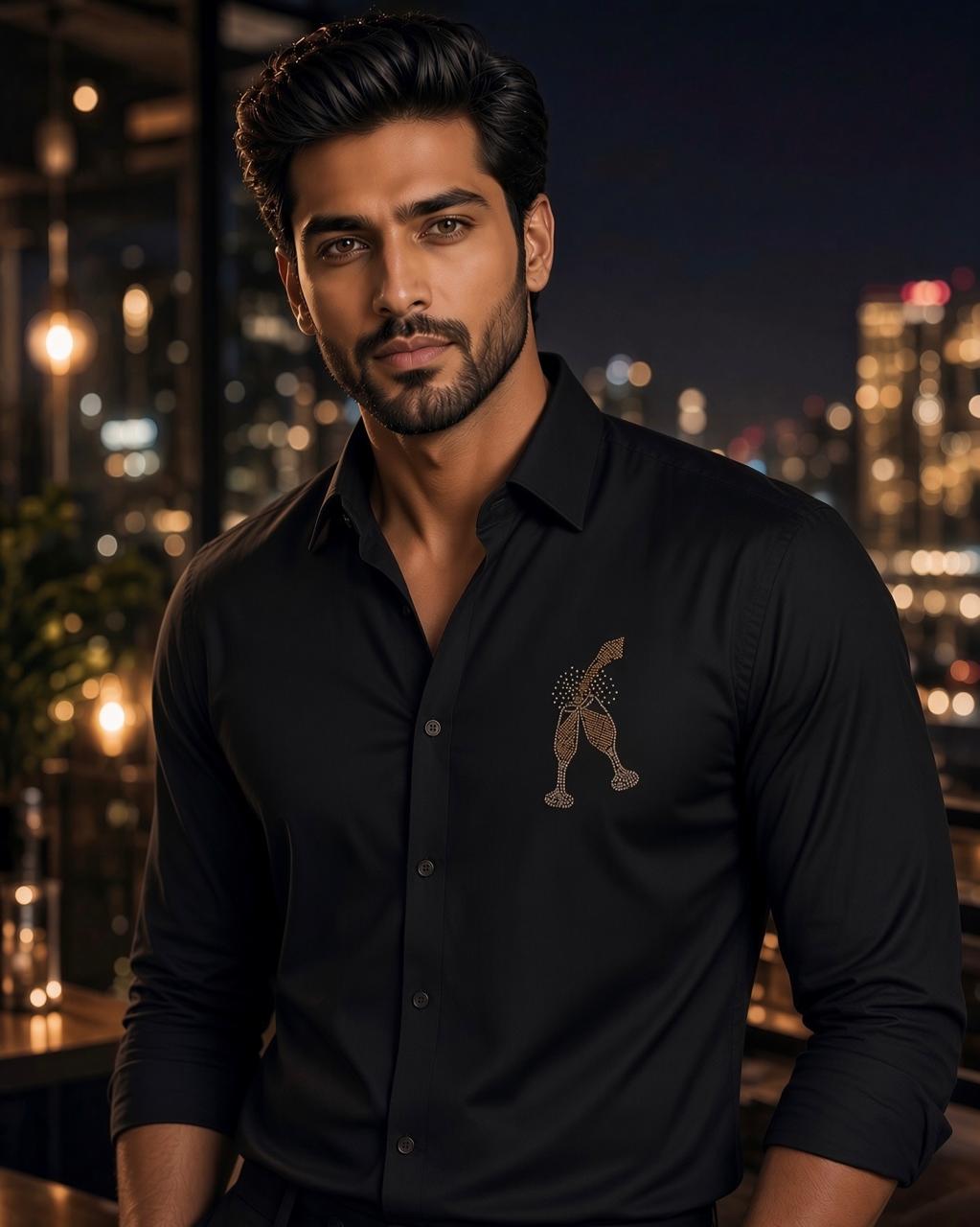 Sabhyashree Men's Black Cotton Shirt with Champagne Toast Embroidery