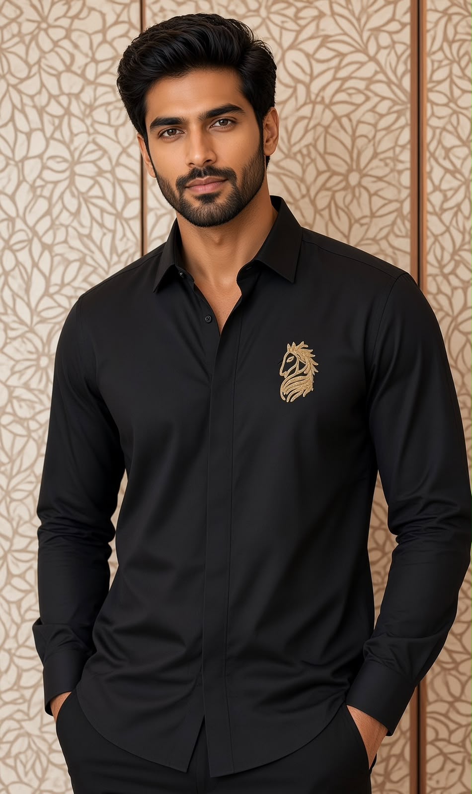 Sabhyashree Men's Black Cotton Shirt with Gold Horse Embroidery