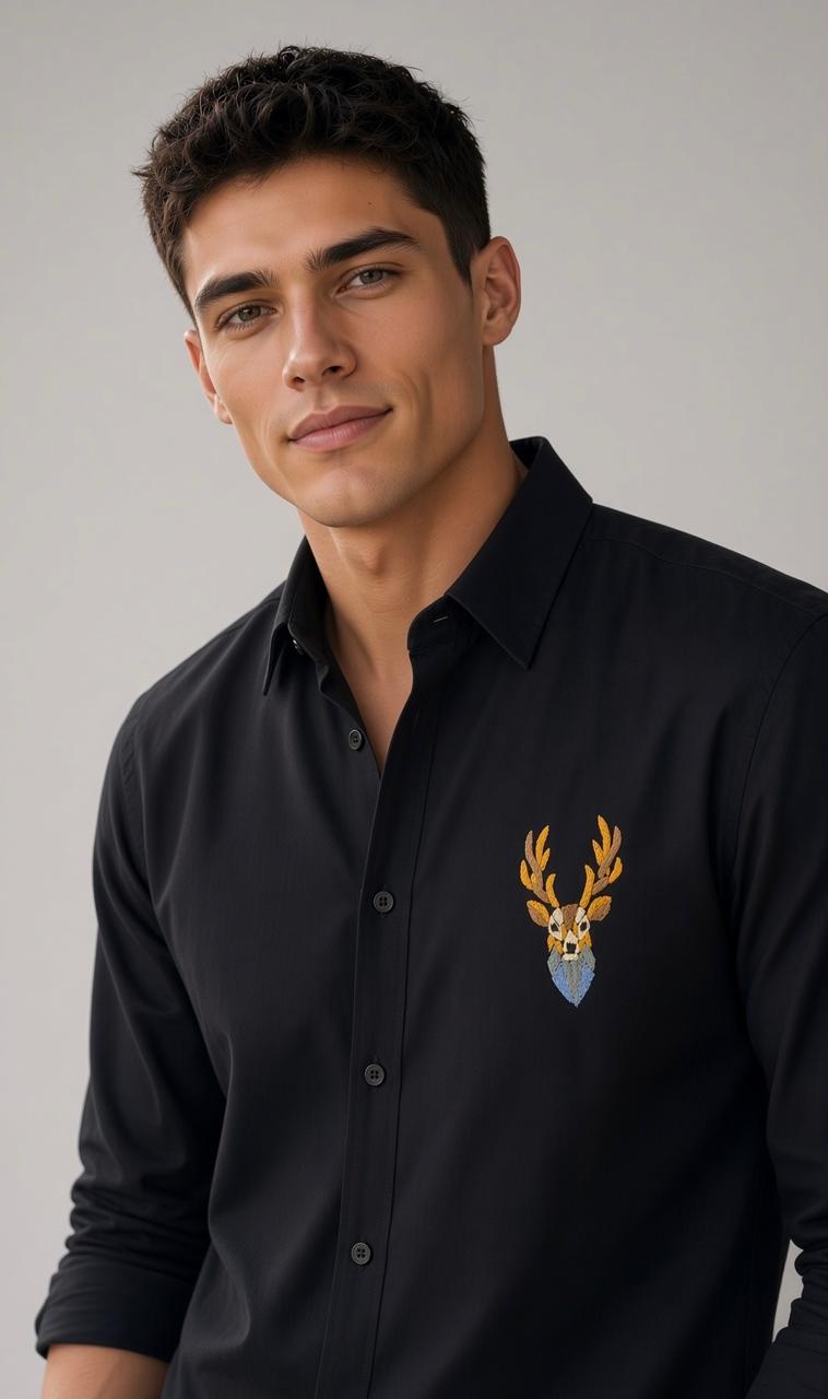 Sabhyashree Men's Black Cotton Shirt with Multicolored Deer Embroidery