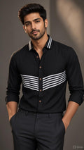 Sabhyashree Men's Black Cotton Shirt with Striped Chevron Panel