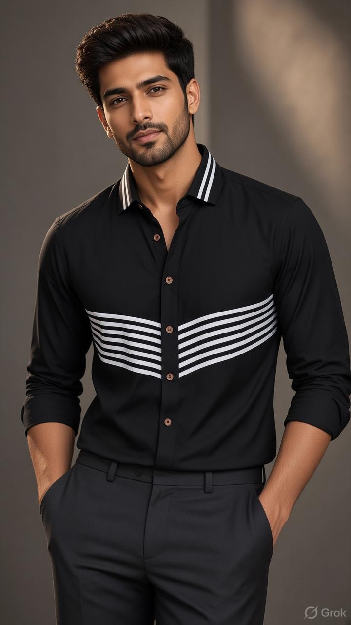 Sabhyashree Men's Black Cotton Shirt with Striped Chevron Panel