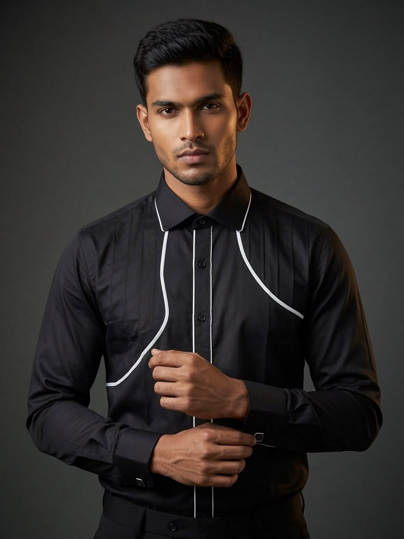 Sabhyashree Men's Black Cotton Shirt with White Contrast Piping