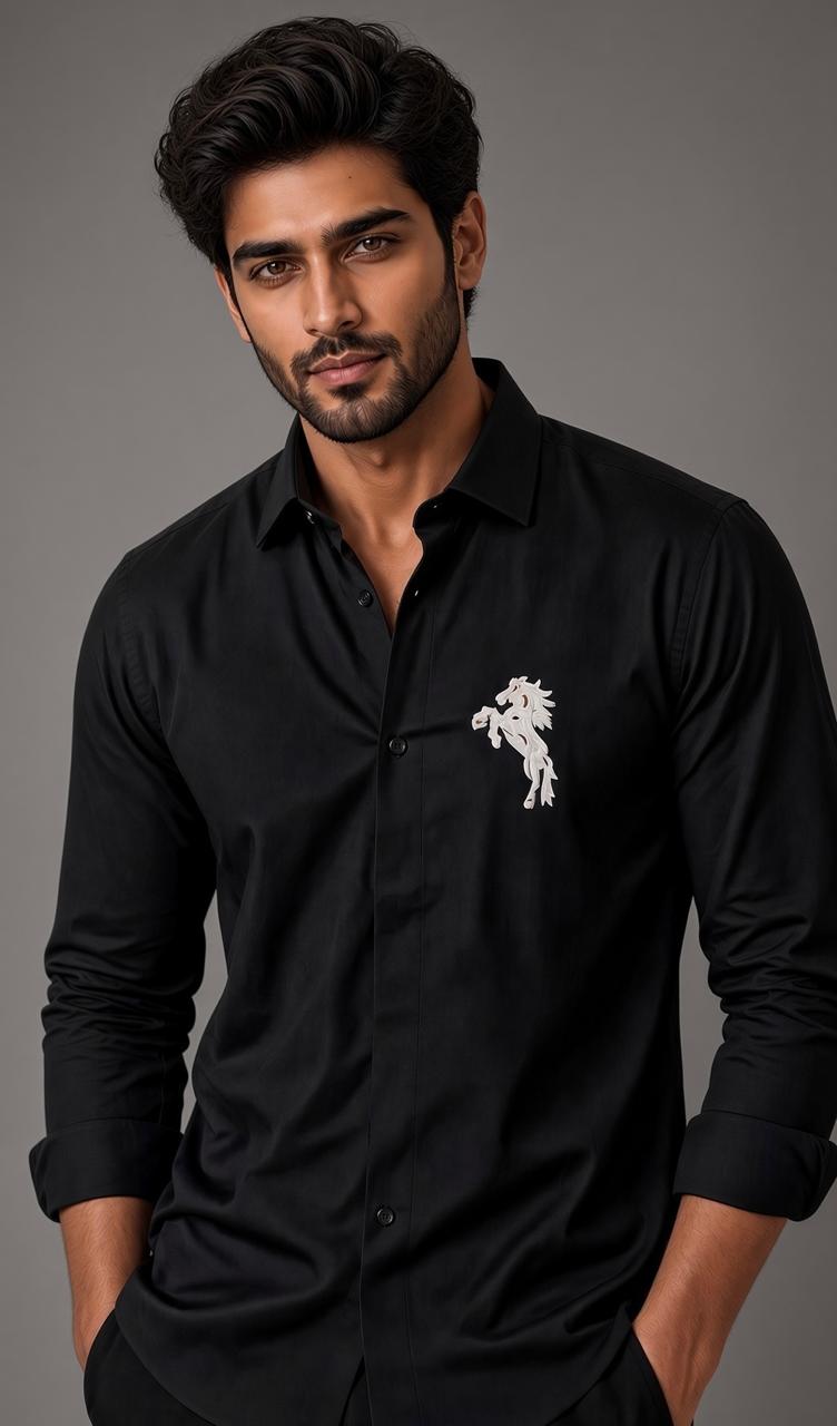 Sabhyashree Men's Black Cotton Shirt with White Horse Embroidery SS-AS-1020