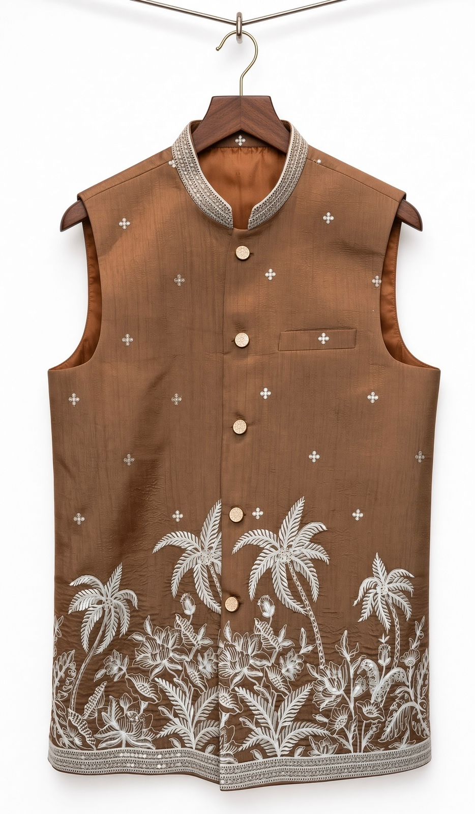Sabhyashree Men's Coffee Brown Silk Palm Tree Embroidered Bandi Jacket SS-BD-1022
