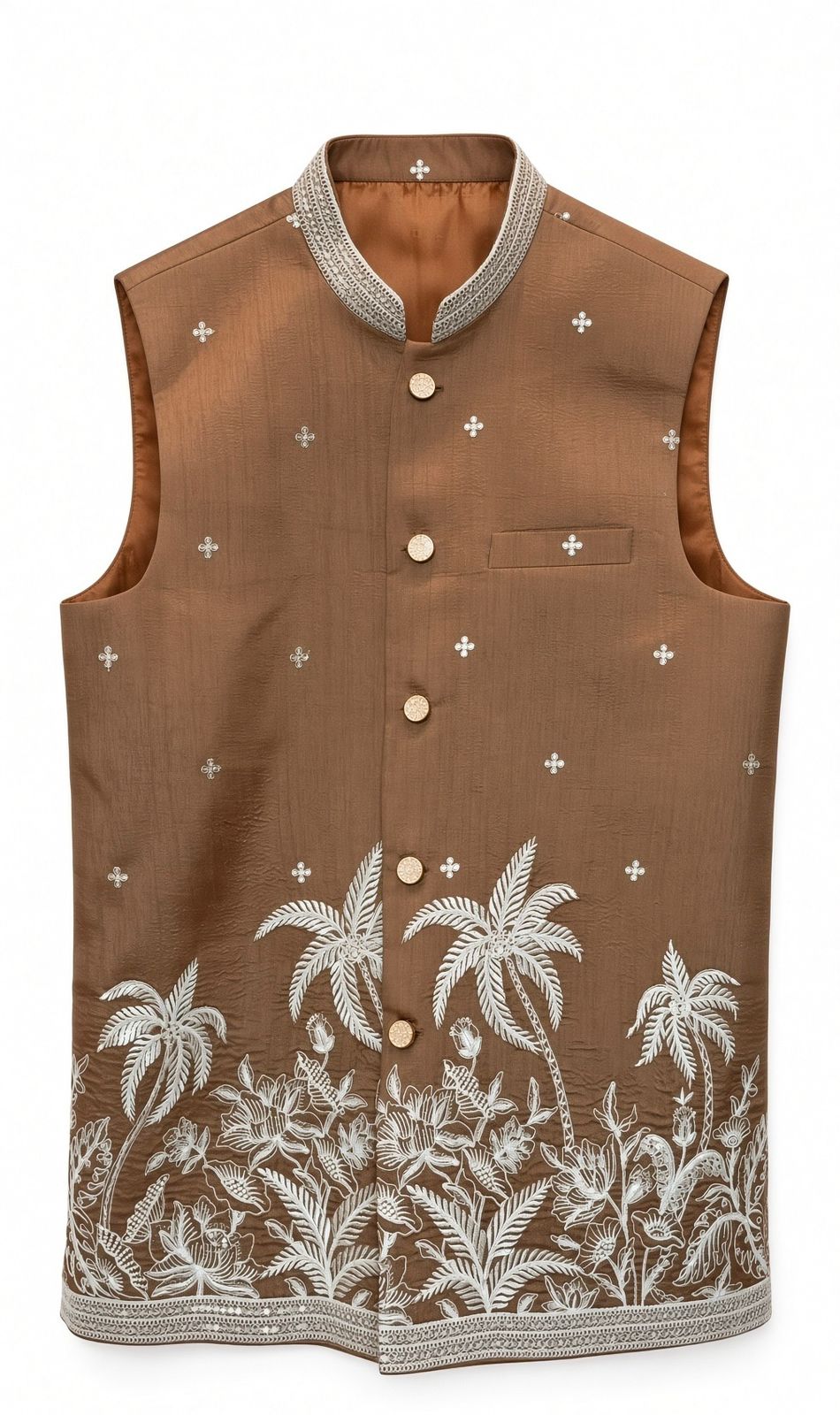 Sabhyashree Men's Coffee Brown Silk Palm Tree Embroidered Bandi Jacket SS-BD-1022