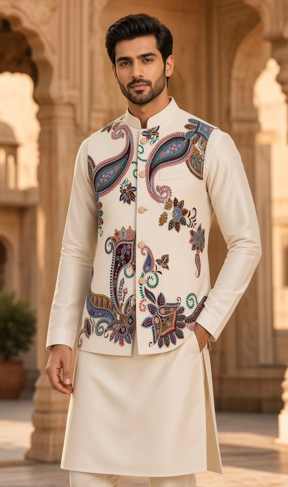 Sabhyashree Men's Cream Silk Multicolour Kalamkari Paisley Bandi Jacket SS-BD-1024