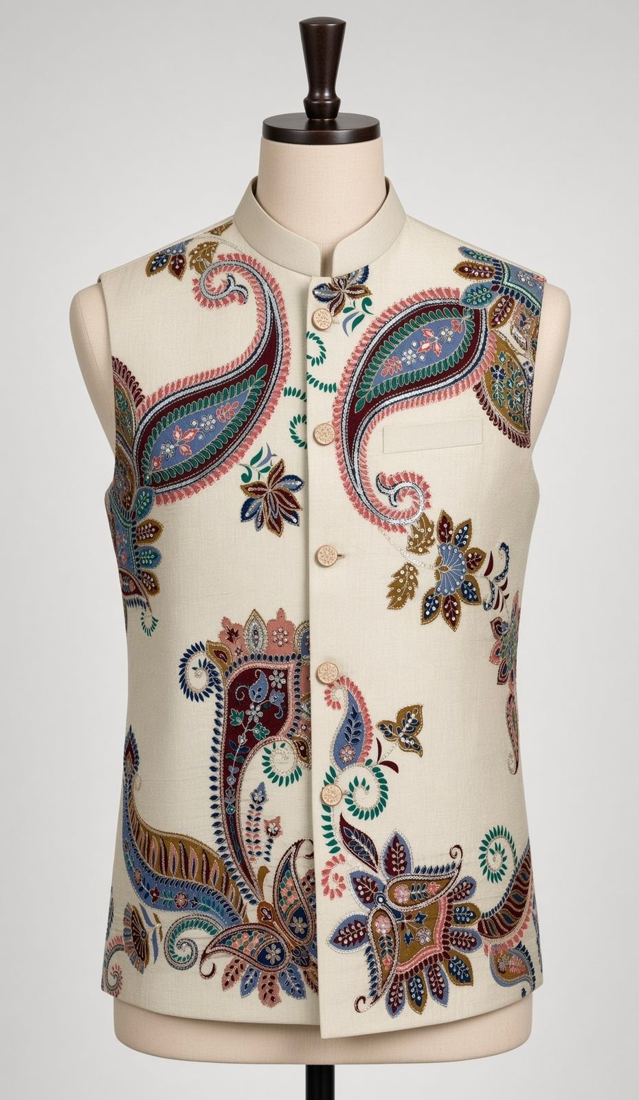 Sabhyashree Men's Cream Silk Multicolour Kalamkari Paisley Bandi Jacket SS-BD-1024