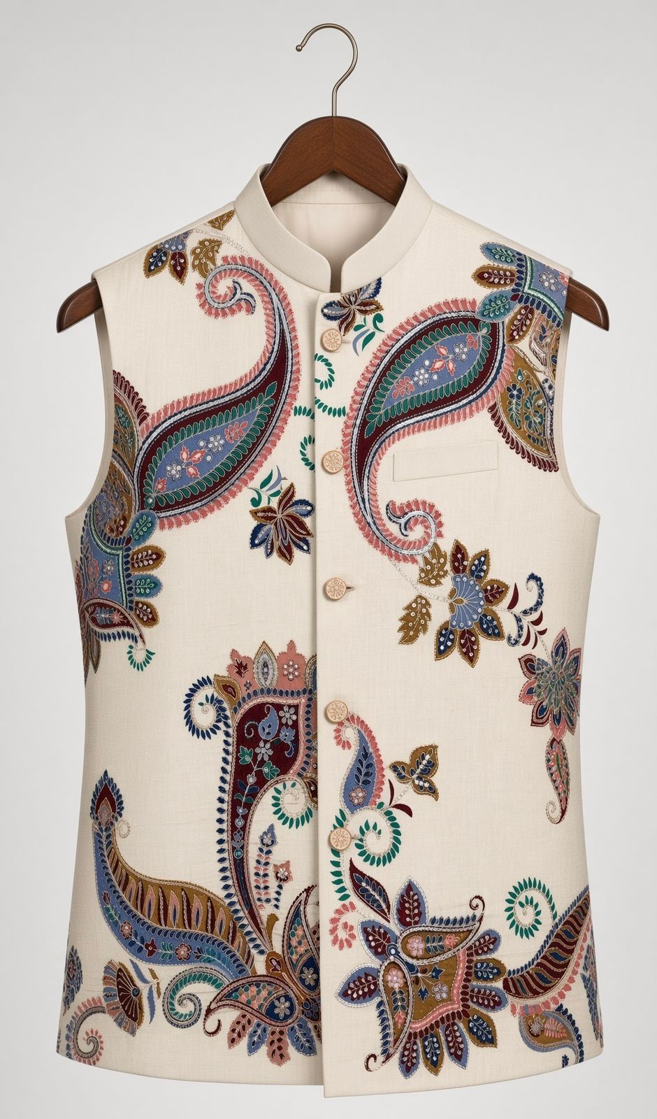 Sabhyashree Men's Cream Silk Multicolour Kalamkari Paisley Bandi Jacket SS-BD-1024