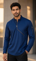 Sabhyashree Men's Navy Blue Cotton Asymmetrical Zip Pullover Shirt