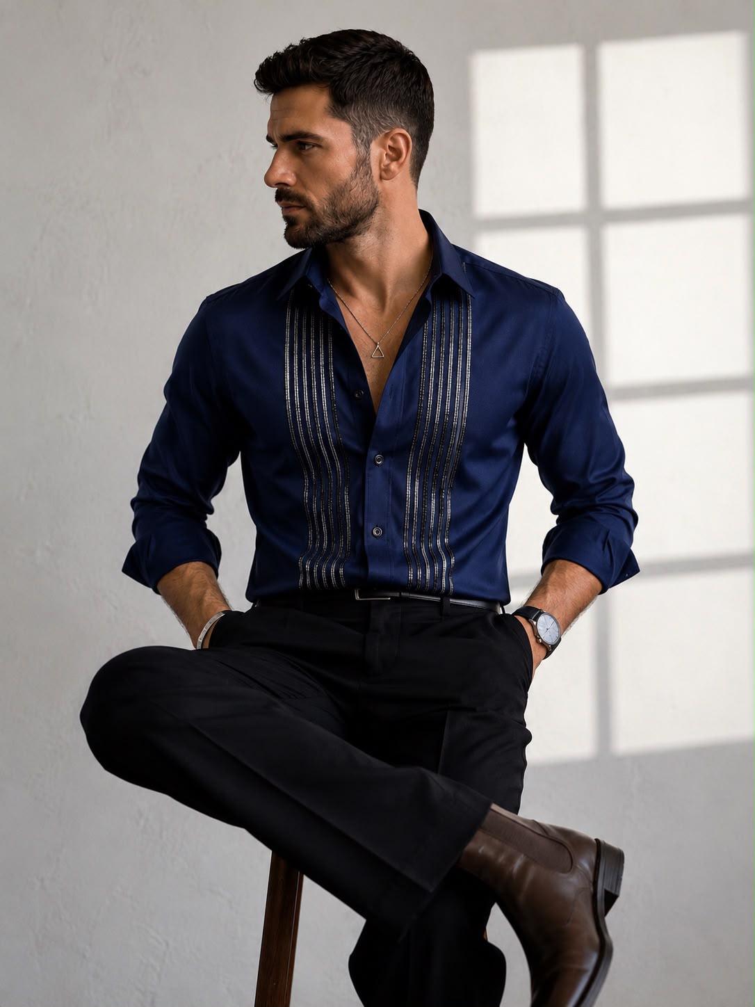 Sabhyashree Men's Navy Blue Cotton Shirt with Vertical Striped Panel