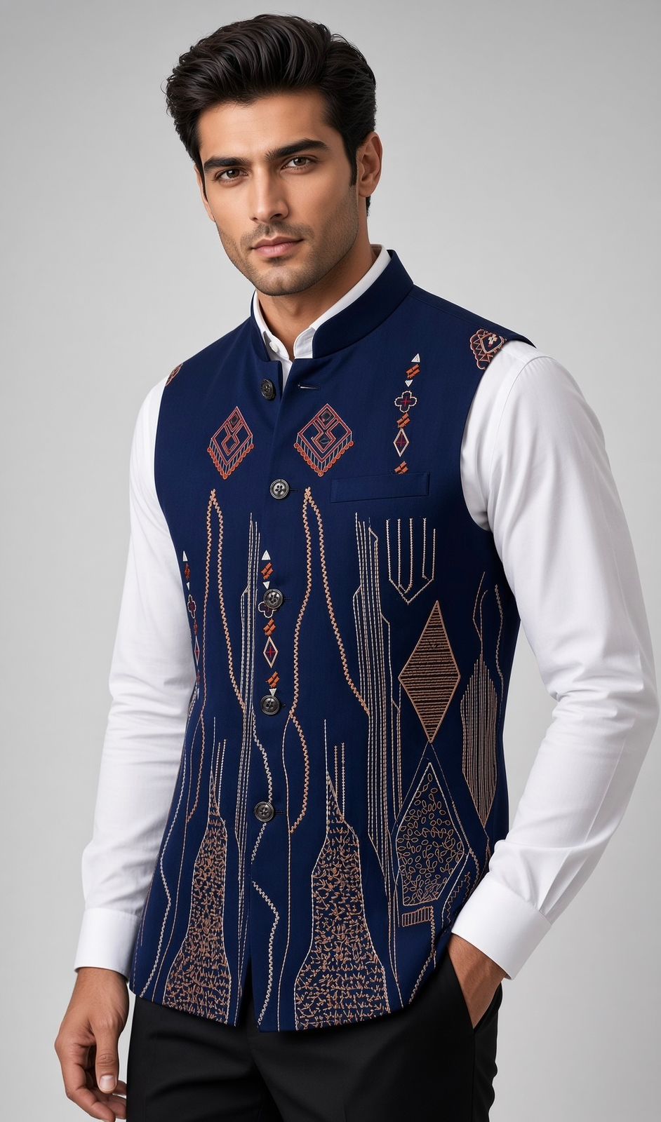 Sabhyashree Men's Navy Blue Silk Geometric & Tribal Embroidered Bandi Jacket SS-BD-1023
