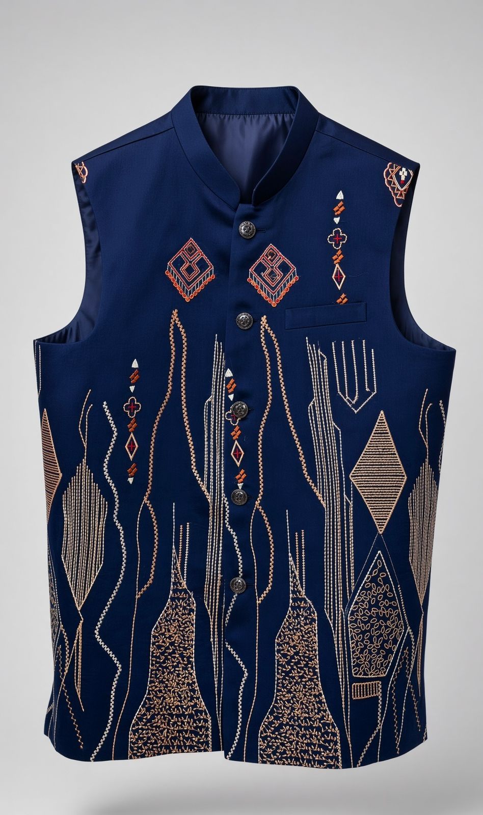 Sabhyashree Men's Navy Blue Silk Geometric & Tribal Embroidered Bandi Jacket SS-BD-1023