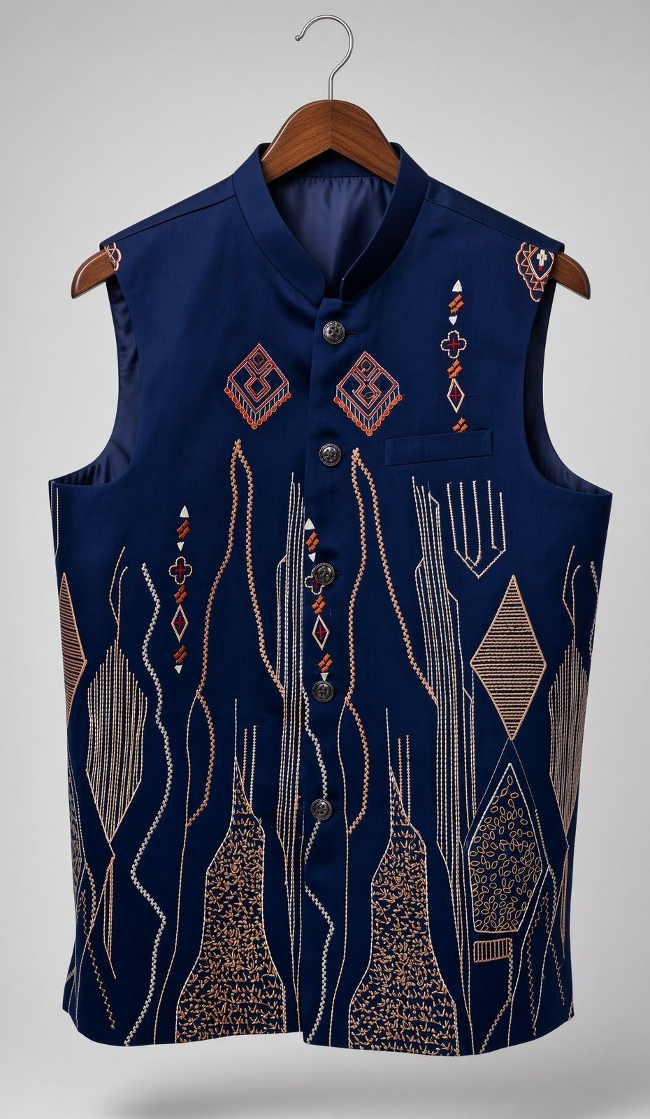 Sabhyashree Men's Navy Blue Silk Geometric & Tribal Embroidered Bandi Jacket SS-BD-1023