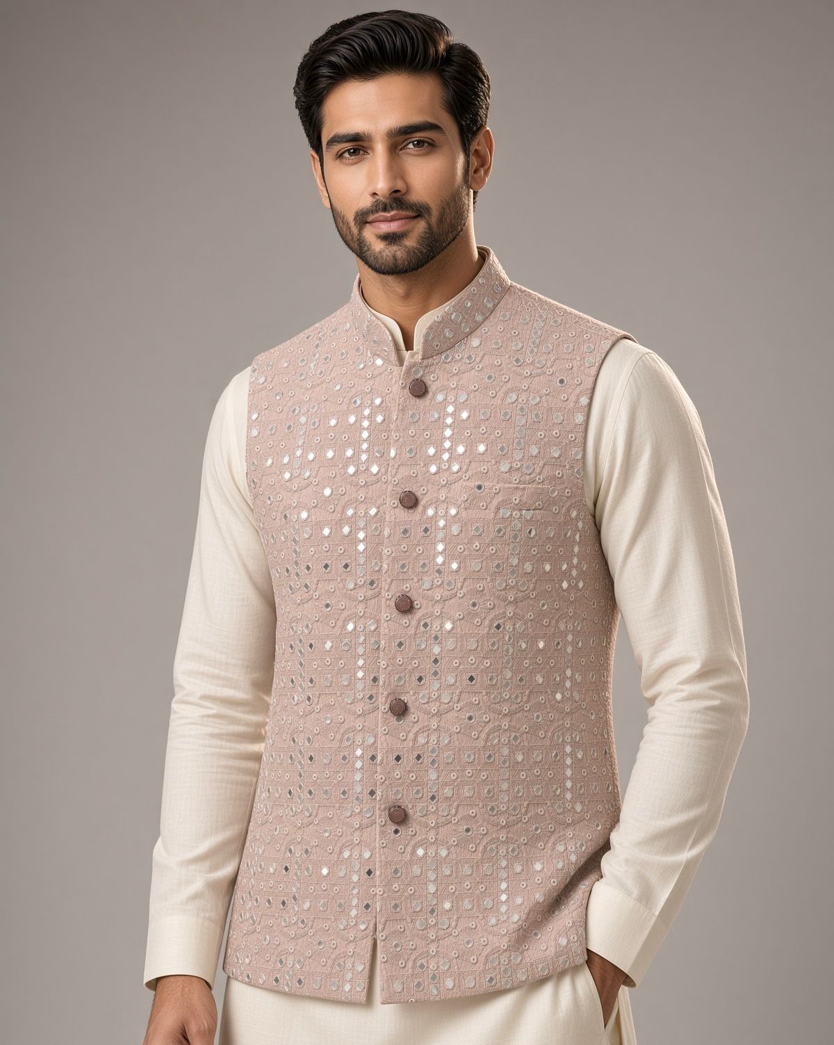 Sabhyashree Men's Peach Silk Mirror Work Bandi Jacket SS-BD-1019
