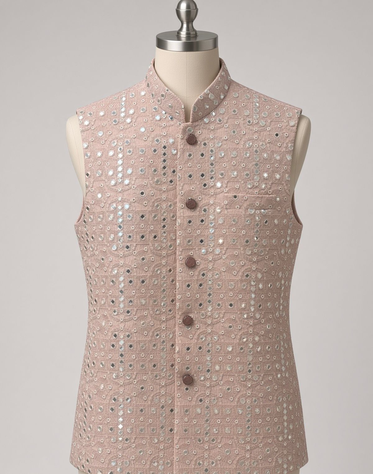 Sabhyashree Men's Peach Silk Mirror Work Bandi Jacket SS-BD-1019