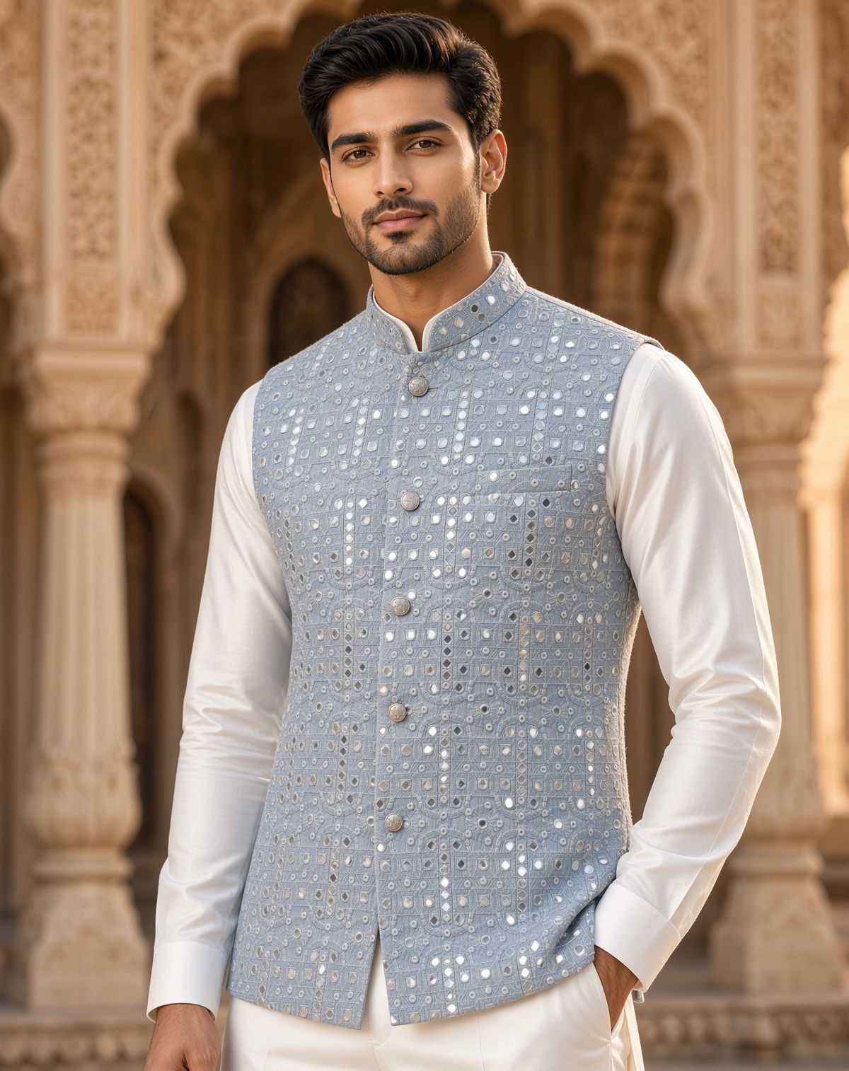 Sabhyashree Men's Powder Blue Silk Mirror Work Bandi Jacket SS-BD-1018