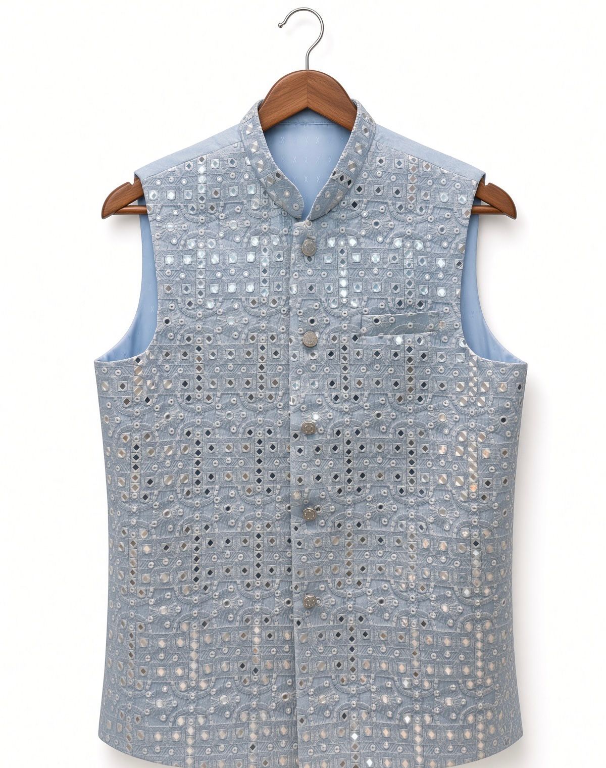 Sabhyashree Men's Powder Blue Silk Mirror Work Bandi Jacket SS-BD-1018
