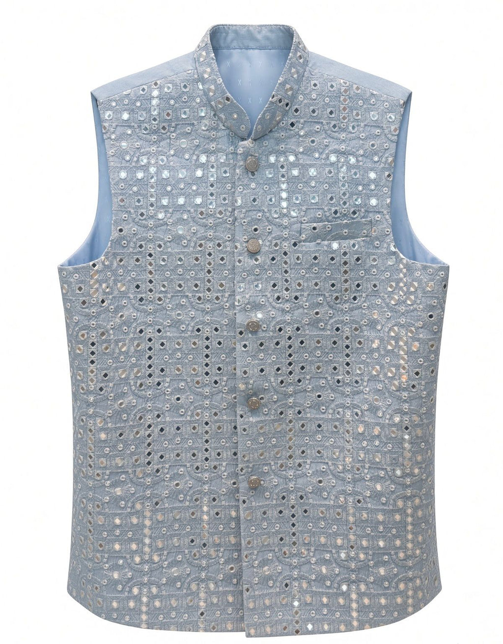 Sabhyashree Men's Powder Blue Silk Mirror Work Bandi Jacket SS-BD-1018